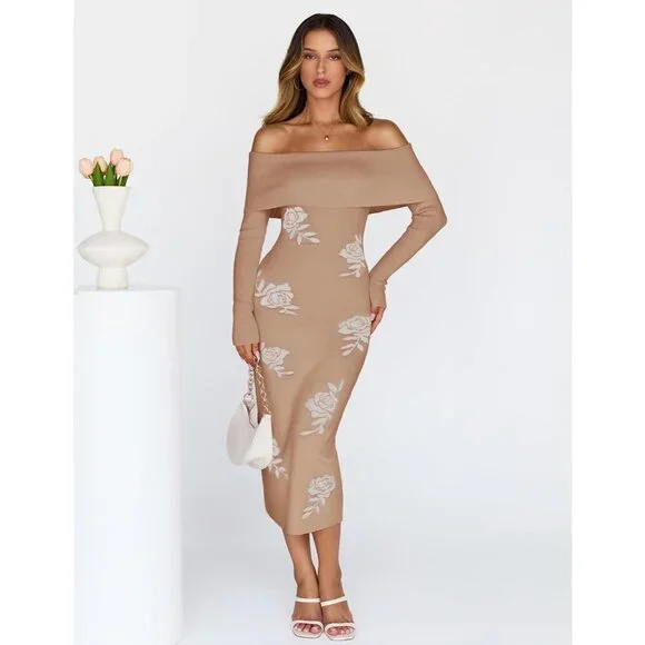 Women Off Shoulder Bodycon Sweater Dress Long Sleeve Party Midi Dress Khaki - Picture 2 of 9